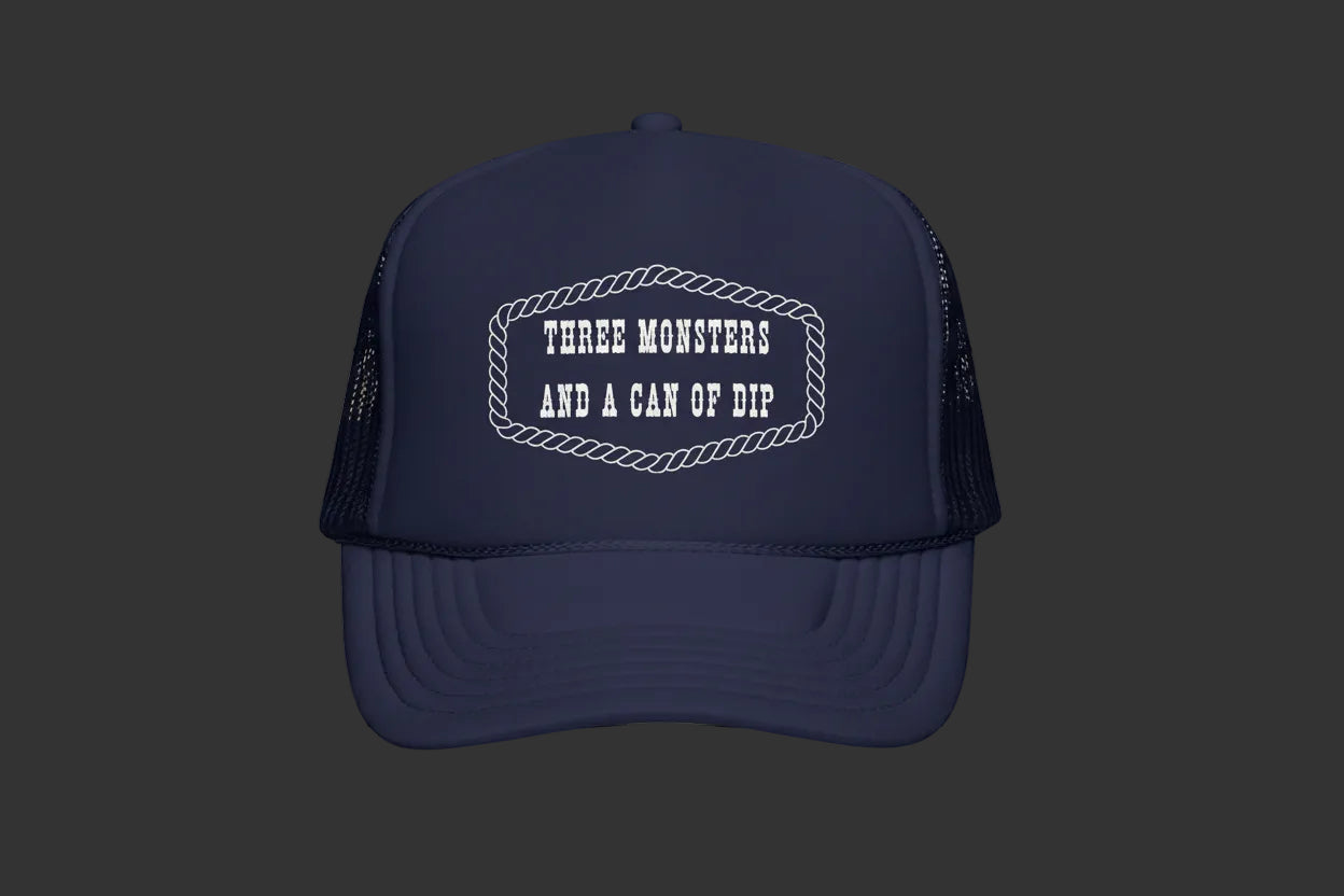 Three Monsters and a Can of Dip Trucker Hat