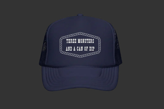 Three Monsters and a Can of Dip Trucker Hat